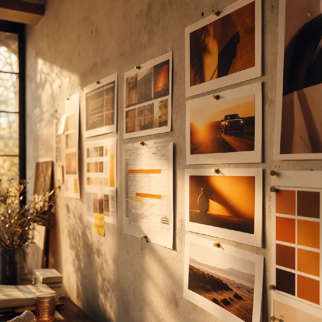 A NEWBOFA planning wall — printed campaign layouts, media schedules and color proofs pinned in tidy columns under warm studio light.