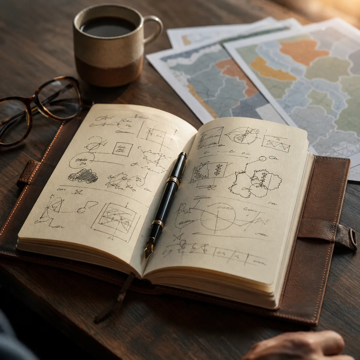 A director's desk at NEWBOFA — an open notebook of media strategy, a fountain pen, printed audience maps and a warm cup of coffee in morning light.