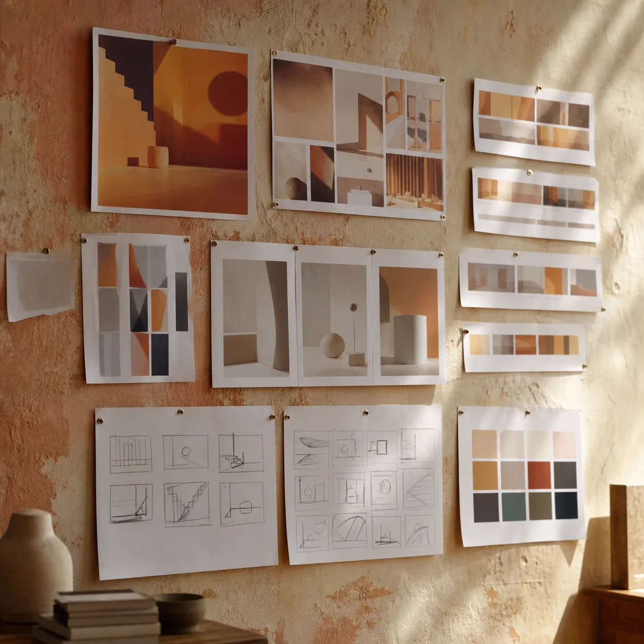 Printed advertising concepts, headline options and layout sketches pinned on a wall, art-directed in a warm palette.