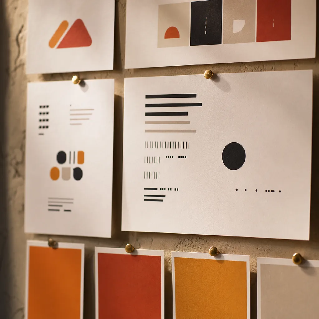 Close-up of pinned brand guideline sheets and color chips for a digital media brand, lit by warm directional light.