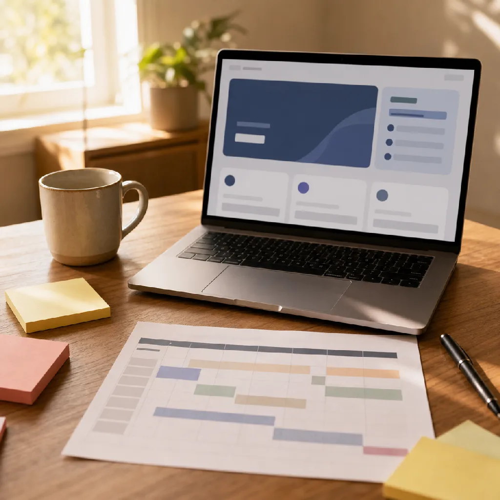 A laptop and printed media schedule on a warm oak desk showing a B2B software launch campaign in progress.